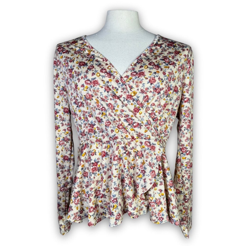 White Birch Women Cream Floral Peplum Faux Wrap Long Sleeve Top T4625XL Large